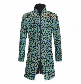 Men's blue green pink gold velvet sequins jazz dance long jackets youth host singers gogo dancers party stage performance long bling coats